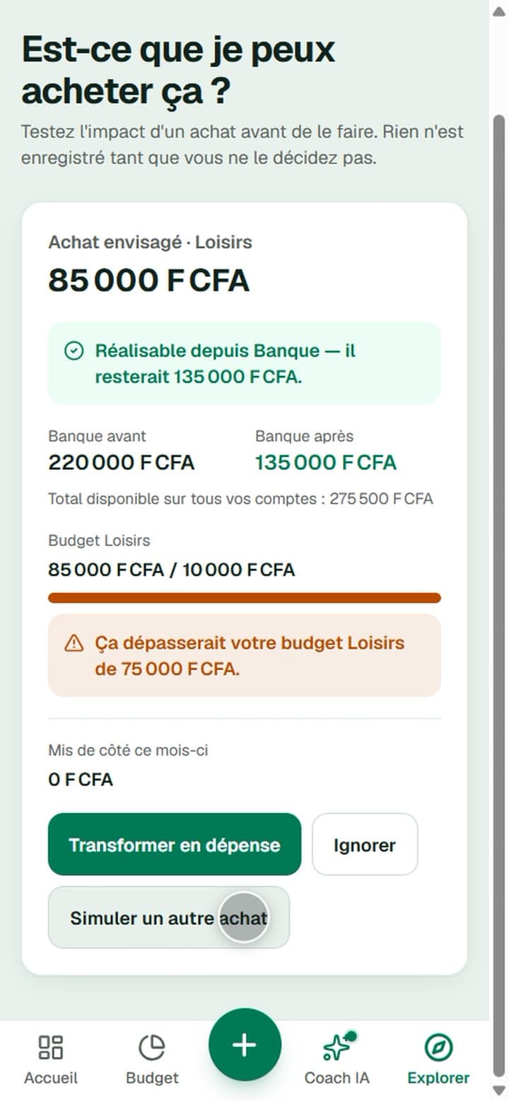 Simulation d'un achat sur mobile : solde après achat et impact sur le budget