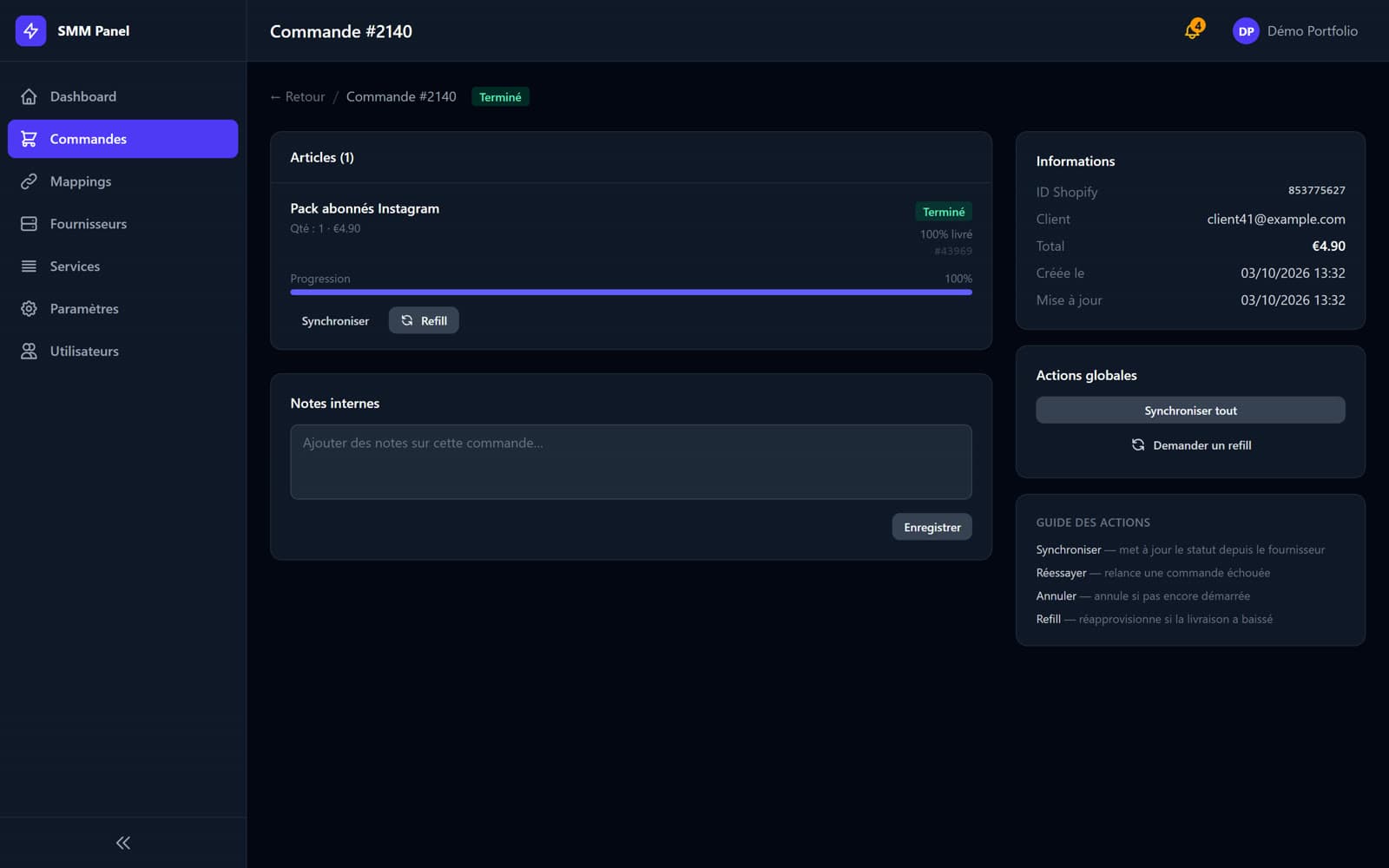 Order detail with sync and refill actions